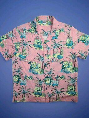 SpongeBob SquarePants Patrick Size M Graphic Button Up PINK Hawaiian Shirt